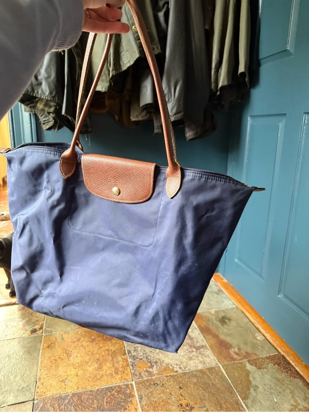 Longchamp Navy Tote with Brown Leather Trim